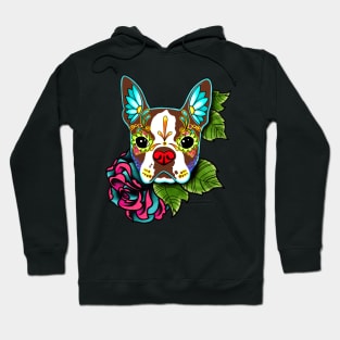 Boston Terrier in Red - Day of the Dead Sugar Skull Dog Hoodie